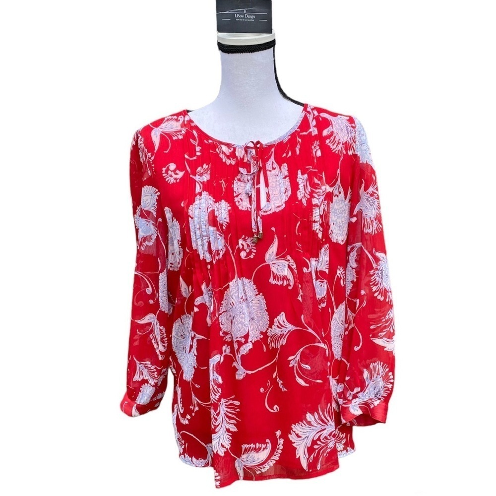 Tommy Hilfiger Sheer Red Floral Blouse Size Large